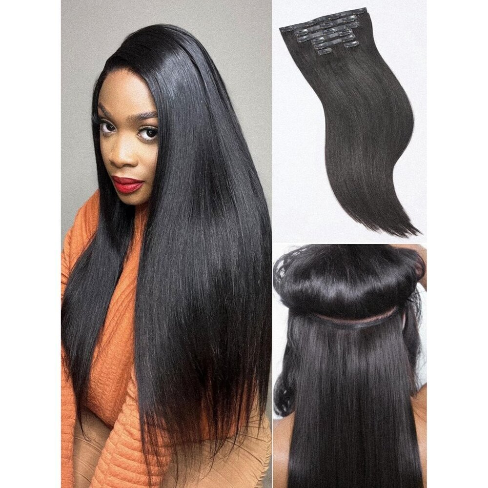 Clip In Hair Extensions Human Remy 16 Inch Black Seamless Soft Natural